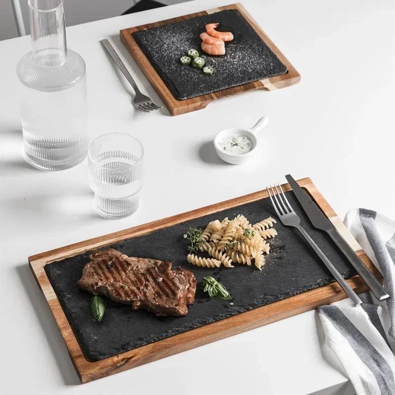 New Solid Wood Snack Plate Wooden Tray Western-style Japanese Cuisine Black Slate Bread Plate Acacia Wooden Plate