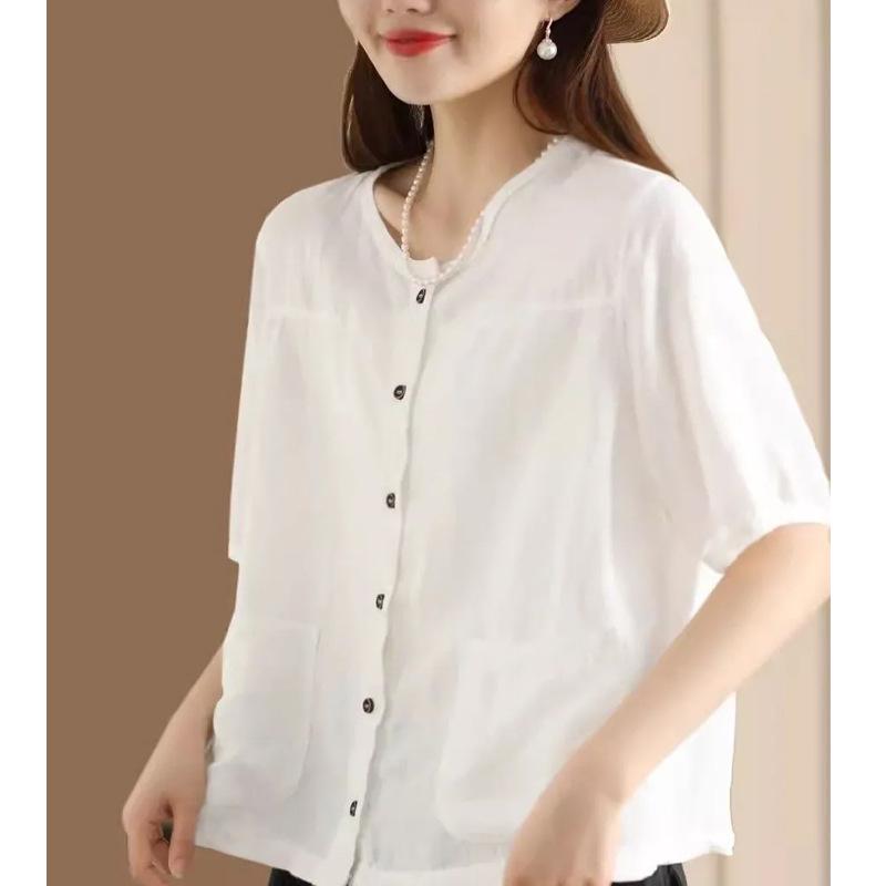 Women's 2024 Summer Cotton Linen Mid-Sleeve Cardigan Shirt - Casual, Slimming, Single-Breasted Design