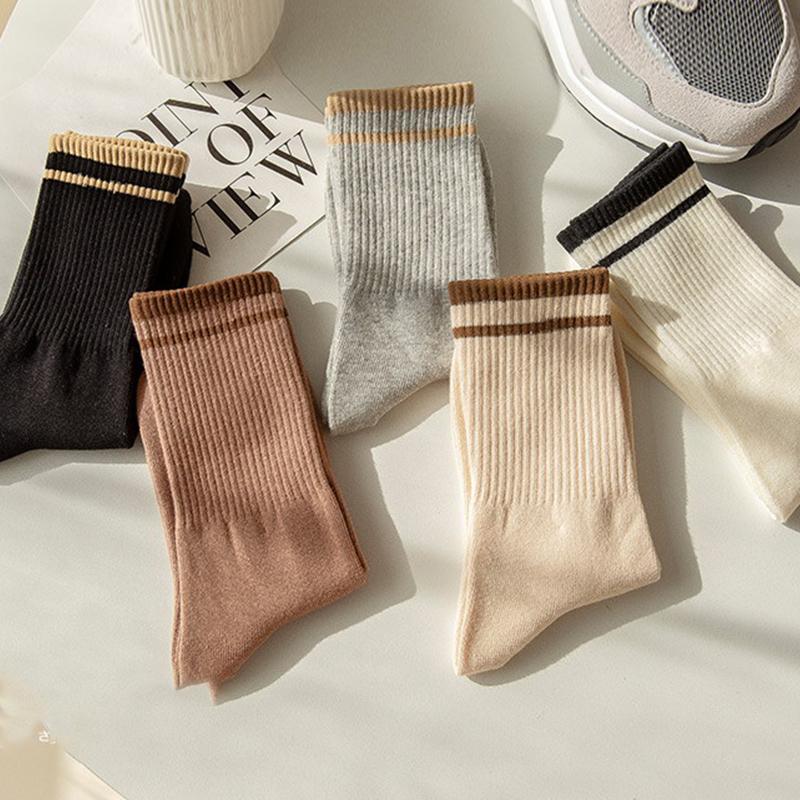 2Pair Socks Solid Color Striped Socks Casual Cotton Sports Socks