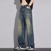 JYL New Pants Men's High Heels Fashion Wide Straight Jeans Retro Elastic Long.