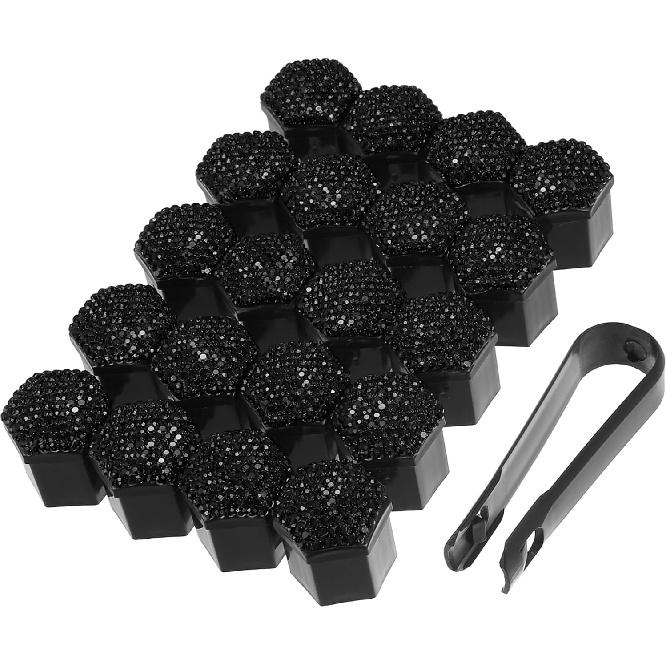 20pcs Wheel Lug Nut Cap Covers 21mm Bling Faux Crystal Wheel Bolt Cap Cover Universal Wheel Lug Nut Cap Hex Protector Black Auto Replacement Parts