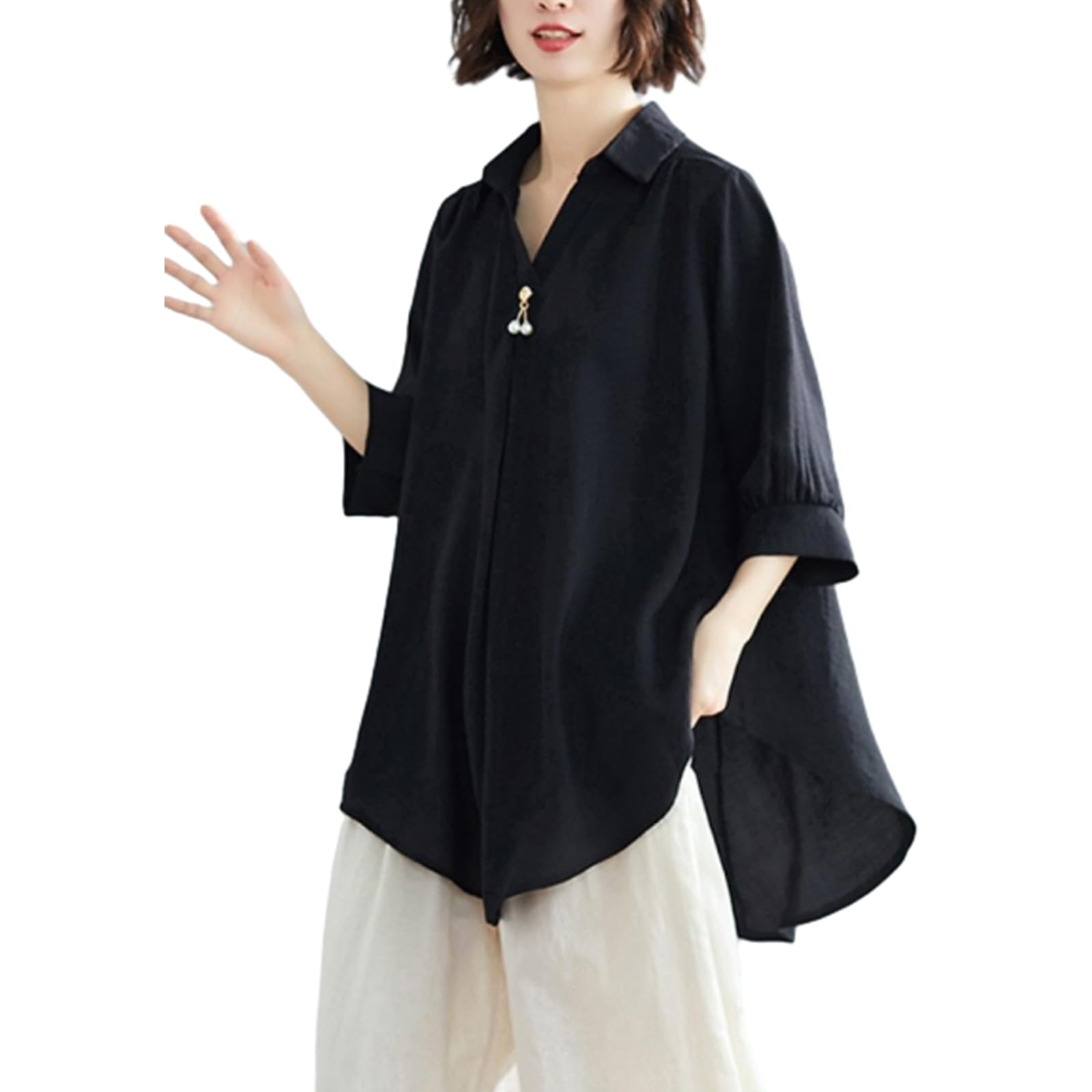 

MaadeaNoeTe Блузка женская с коротким рукавом, однотонная, свободного кроя, плюс-сайз, офисная, осенняя, топ, V-образный вырез, рукава 3/4, легкая, стильная, цвет, посадка, размеры, повседневная, чёрный