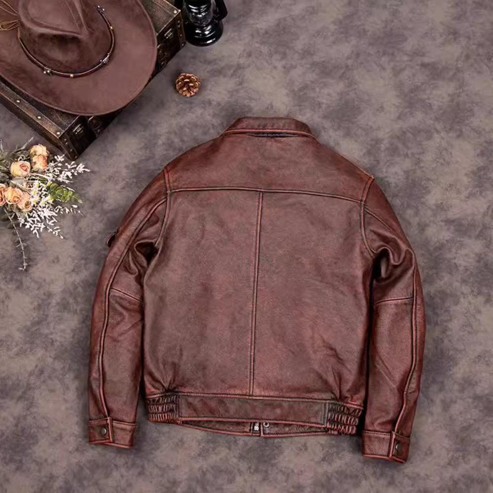 Chinese Size Brown Real Cowhide Hunting Leather Jacket Men Genuine Leather Coat Winter Pockets Jackets