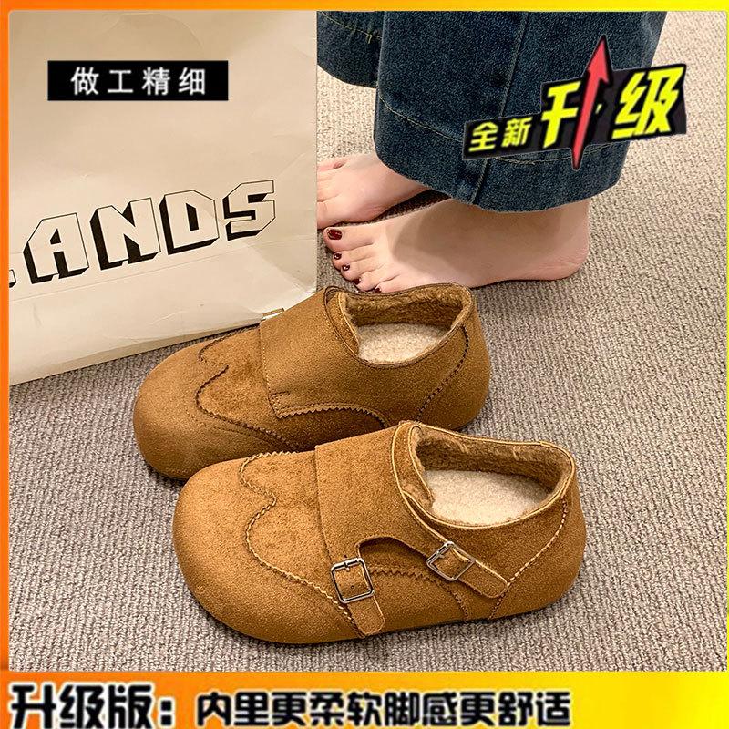 

Leather retro velvet women s shoes winter new buckle lamb wool warm loafers 40