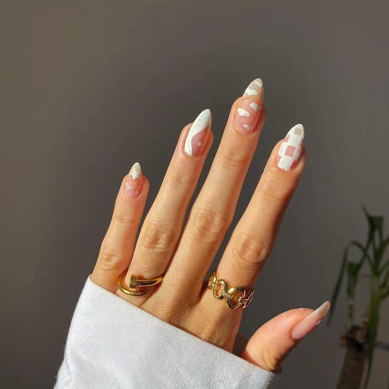 

Pink & White Checkered Wearable Medium-Long False Nail Stickers Glue Kit