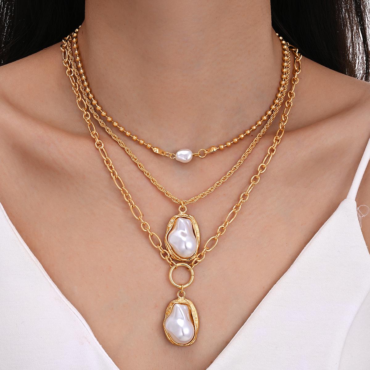 Gold Plated Multi Layer Baroque Pearl Necklace Set Women Vintage Geometric Beaded Chain Necklaces Temperament Daily Jewelry Gift GOLD