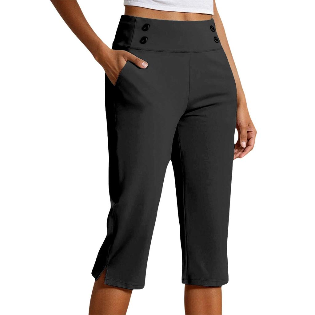 Women High Waist Capri Pants with Pockets Split Hem Casual Sport Fitness Yoga Cropped Pants for Activewear