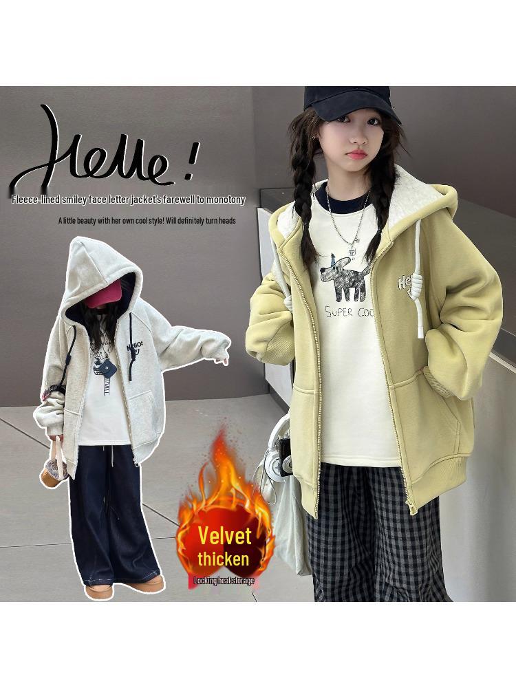Girls' Alpaca Wool Fleece-Lined Jacket - Korean Casual Style, Hooded, Thick & Warm for Autumn/Winter