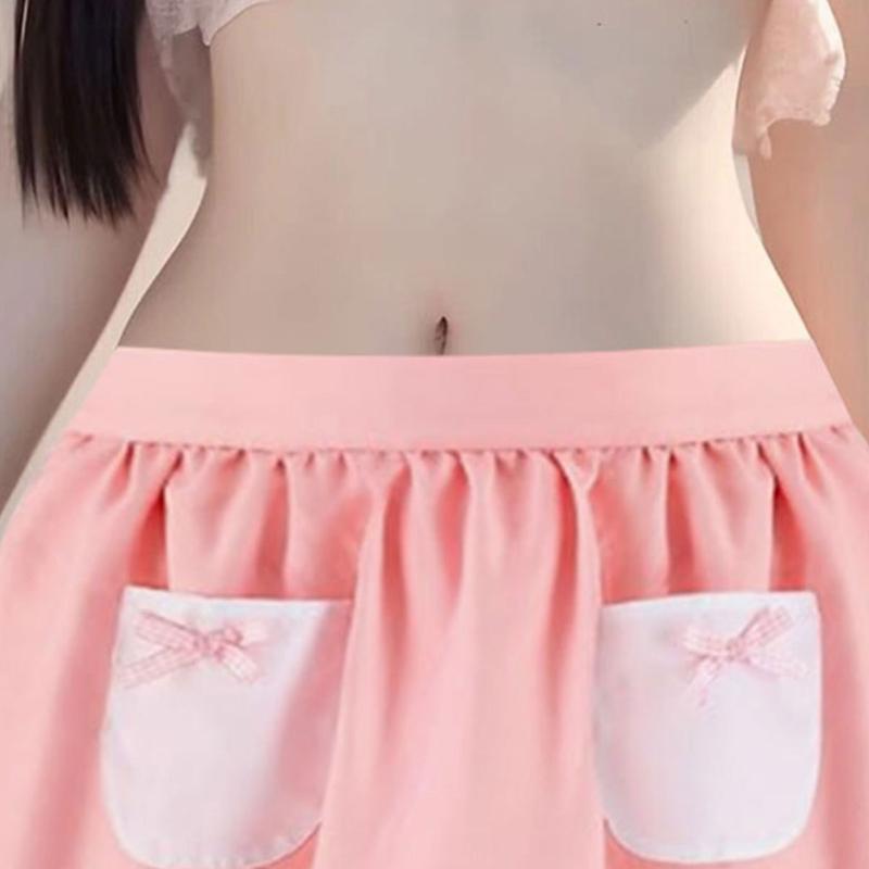 Women Maid Apron Ruffled Waist Apron Halloween Maid Costume Accessories Kitchen Apron with 2 Pocket for Baking Gardening