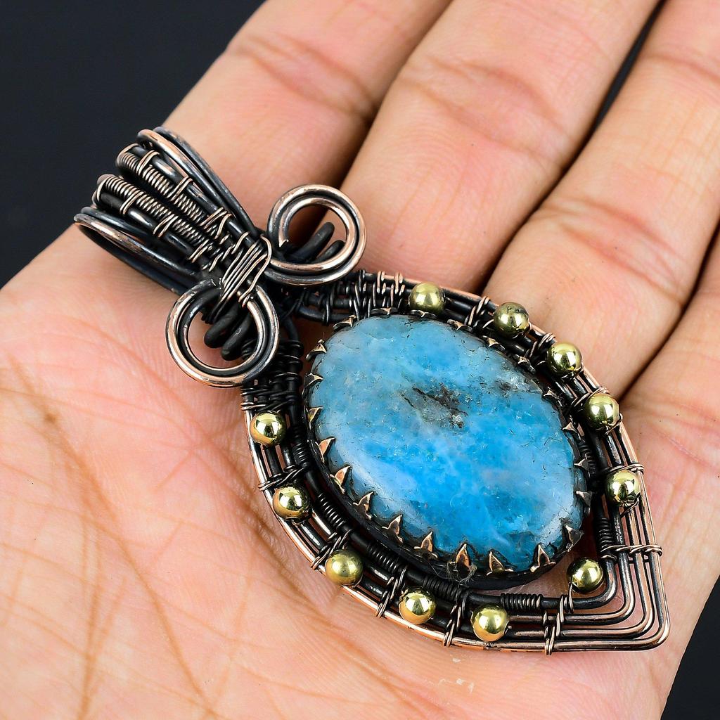 Neon Blue Apatite Gemstone Pure Copper Wire Wrapped Handmade Pendant Jewelry For Gift