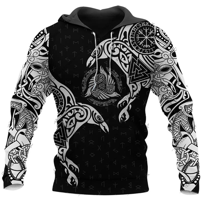 Fashion Spring And Autumn Men's Hoodie Viking Odin Tattoo Pattern Street Harajuku All-match Loose Oversize Hooded Sweatshirt Top