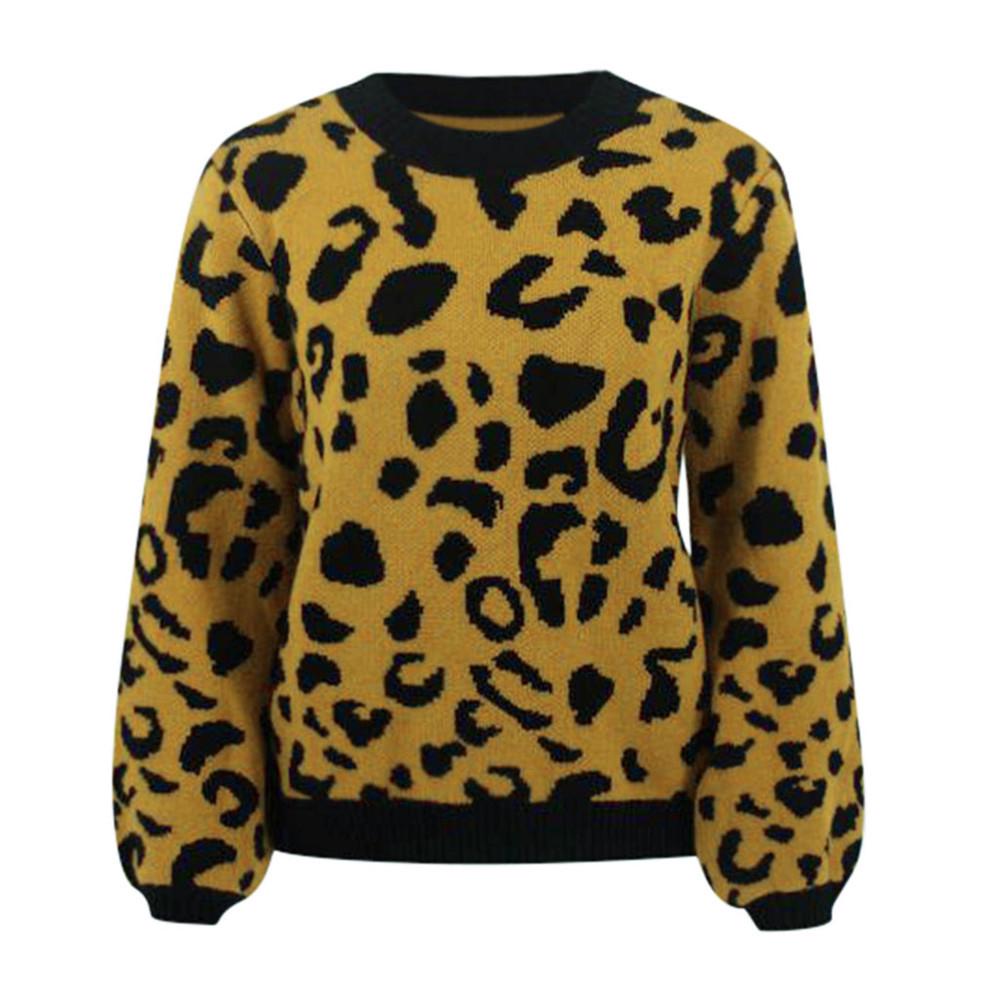 2020 Autumn/Winter Fashion Leopard Print Round Neck Stretchy Long Sleeve Warm Sweater for Women
