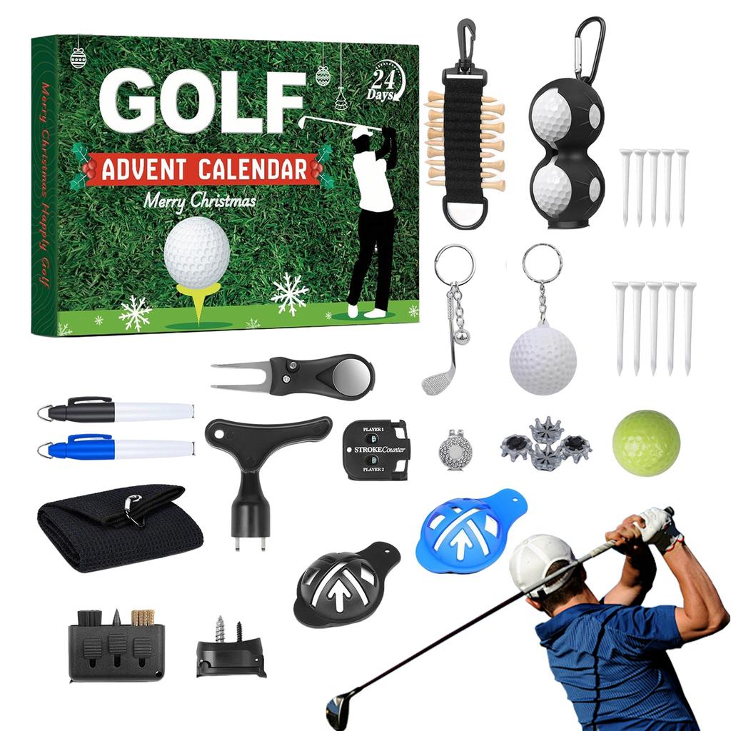 24 Days Christmas Golf Advent Calendar Gift Box Accessory Set Golf Themed Design for Men Women Kids Enthusiasts Stocking Stuffer