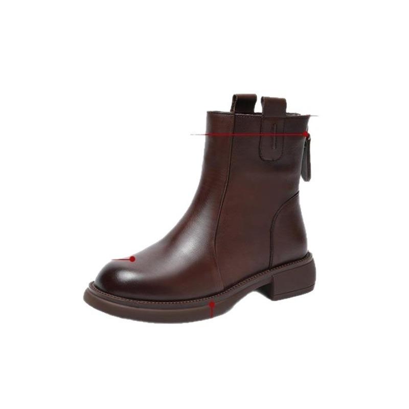 Soft Leather Shoes, Short Boots, Women's New Low-heeled Leather Boots, Retro Back Zipper Boots, Women's Shoes