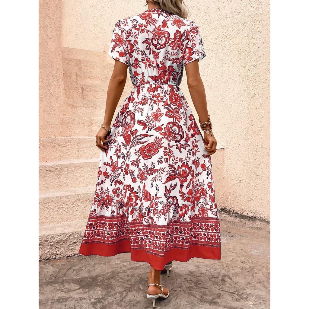 Blue Retro Ethnic Print Vacation Casual Slim Waist Dress Women's Fashion Hot Selling Crossbody Apparel