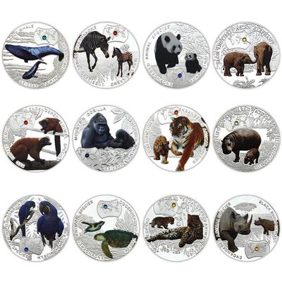 Medaglia Diamantata della Fauna Selvatica dello Zambia: Collezione Souvenir Gorilla, Tigre, Balenottera Azzurra, Panda