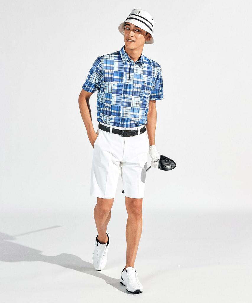 Munsingwear Short Sleeve Collared Madras Check BL00 Golf Men's Shirt, MG5SHS41M, (Blue), Moisture-Wicking, Quick-Drying, Cooling,