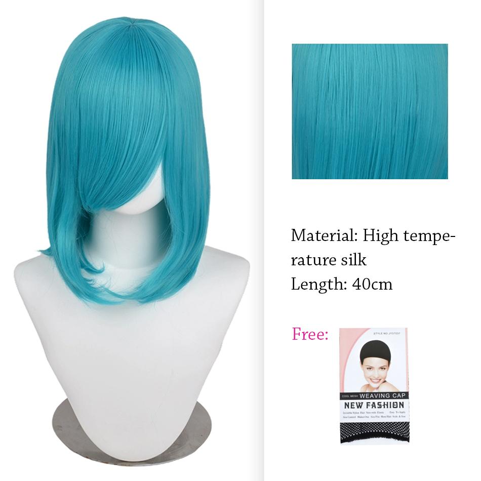 40cm Anime Synthetic White Purple Cosplay Wigs Short Green Hair Straight Silver Wig Pink Hairpiece Short Wig with Bangs