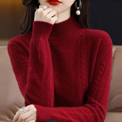 Suéter feminino da moda outono e inverno, blusa solta, meia gola alta, camisa de malha grossa