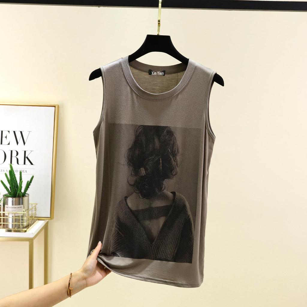 Letnia Bezrękawnikowa Kamizelka z Okrągłym Dekoltem i Nadrukiem z Modal