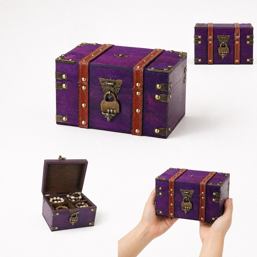 Vintage Wooden Storage Box with Lock, Antique Square Jewelry Chest Multifunctional for Home Decor