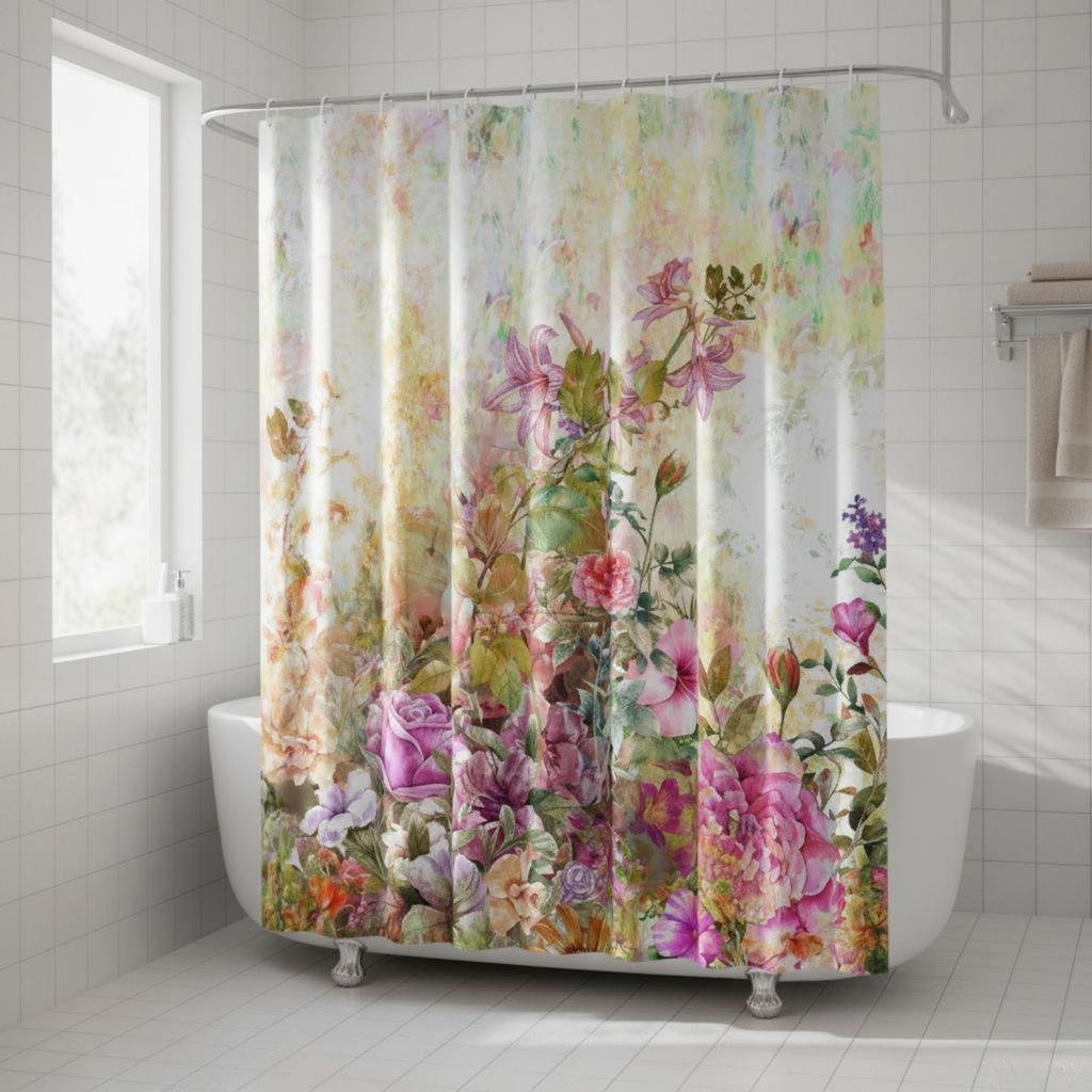 Floral Shower Curtain Waterproof Floral Print Bath Curtain Machine Easy-Care Quick-Drying