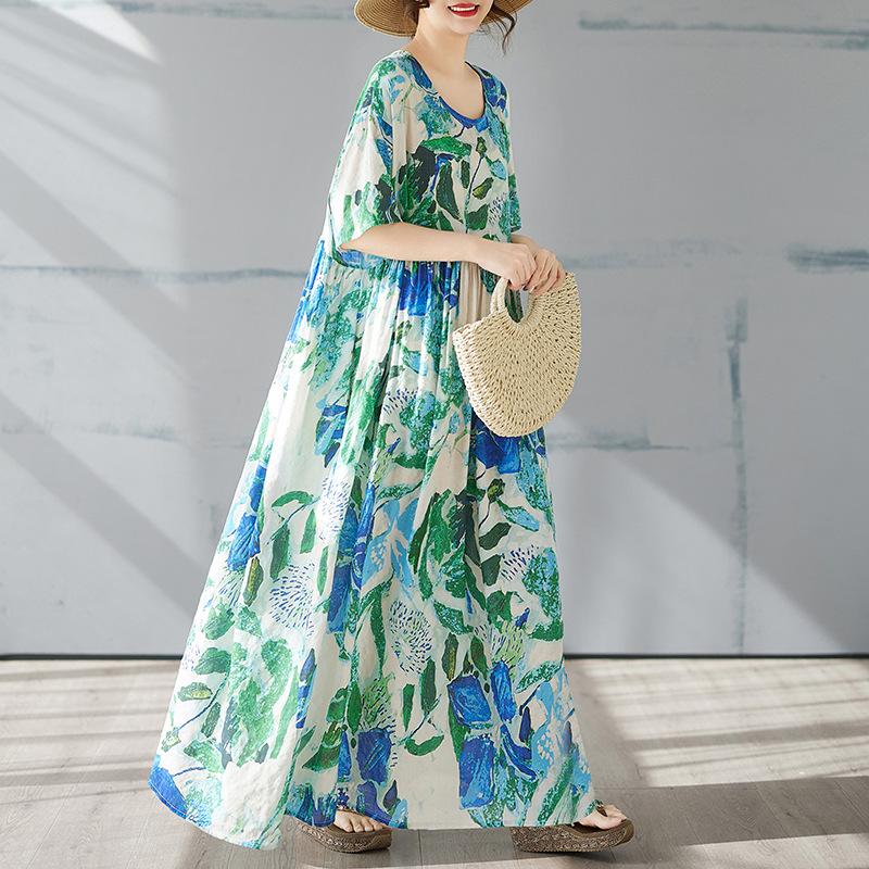 Plus Size Women Summer Long Dress Elegant Oversize Loose Bohemian Short Sleeve Dresses Flower Holiday Beach Dress