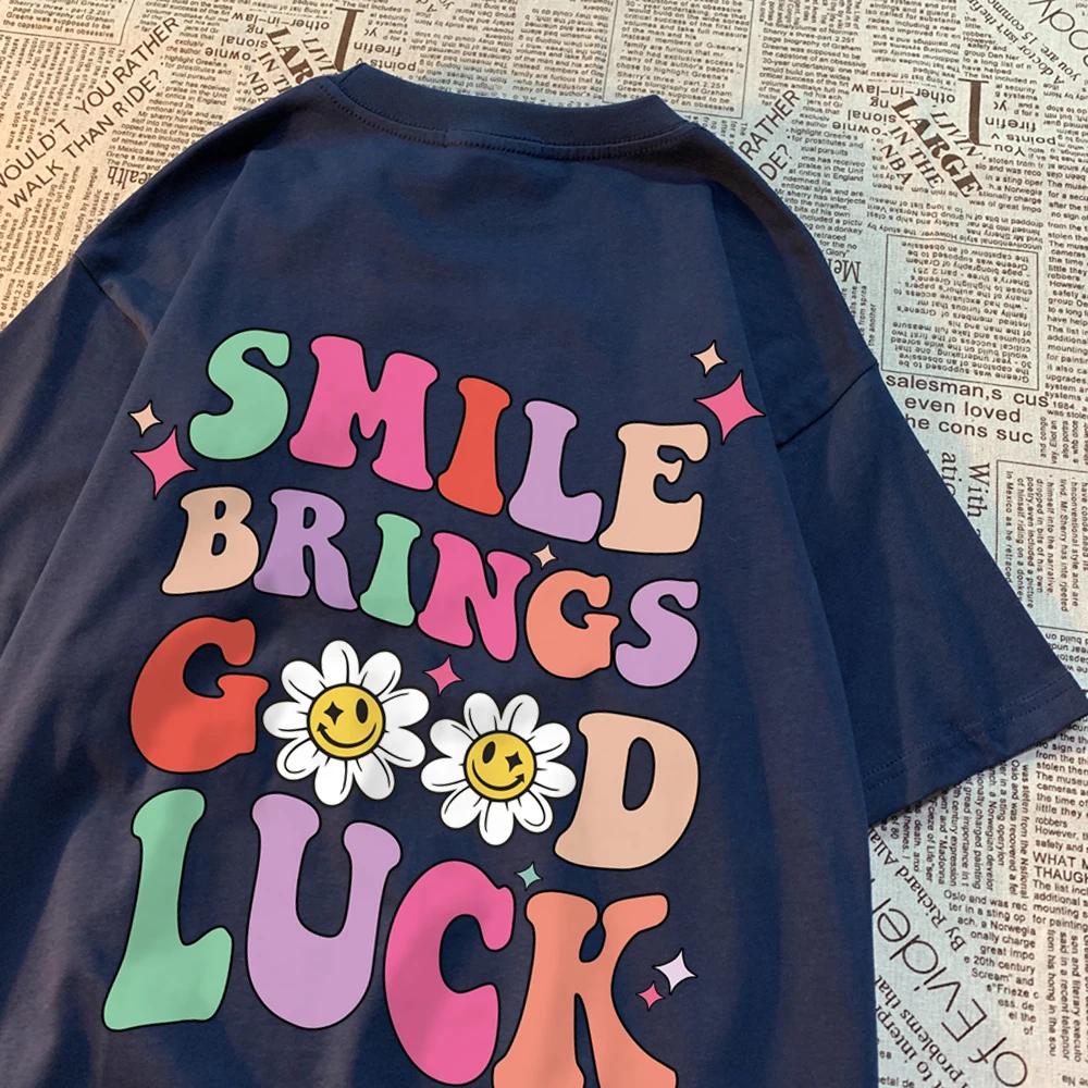 Smile Brings Good Luck Men Women Tshirt Pattern Cotton Tshirts O-Neck Breathable T-Shirt Simplicity Tee Clothes Couple Tops