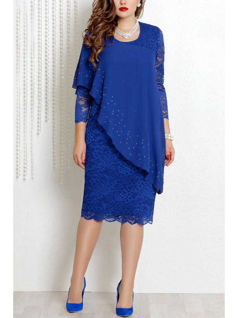 Elegant Lace-Trimmed Solid Color Slim Dress with Three-Quarter Sleeves