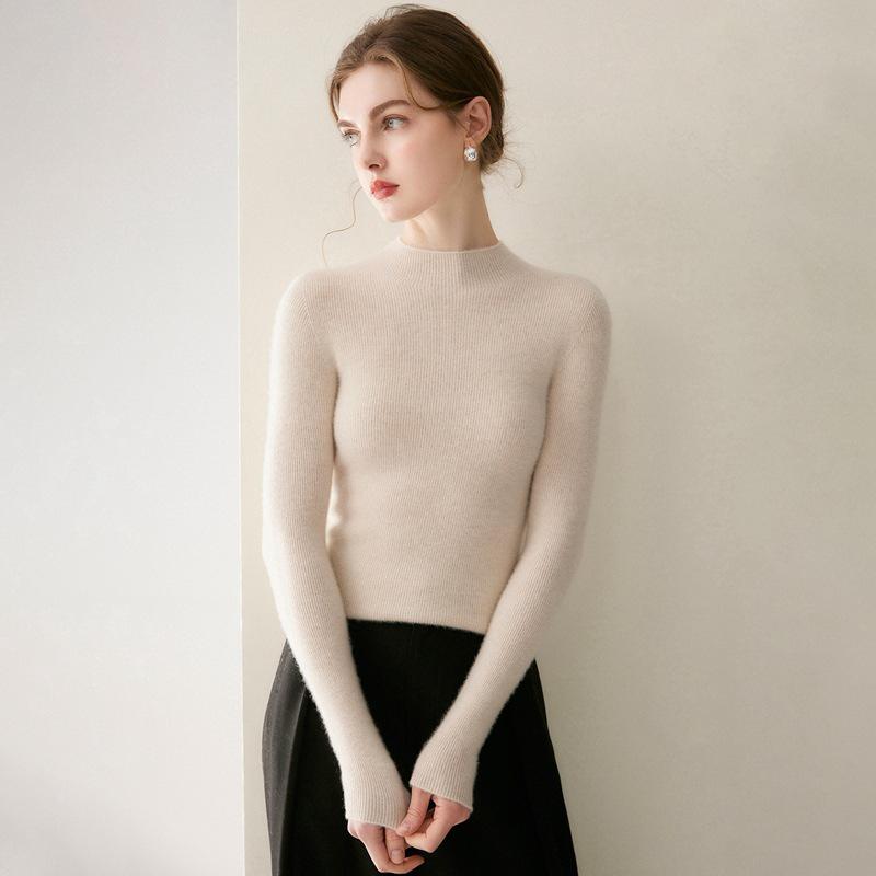 Women's 100% Pure Cashmere Seamless Half-High Collar Slim Fit Sweater - Perfect Knit Base for Autumn/Winter