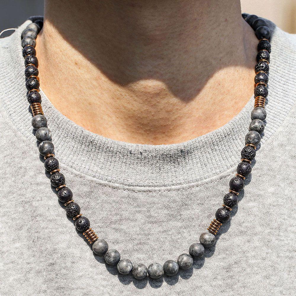 Vintage European-American Volcanic Stone Bead Necklace & Bracelet Set for Men