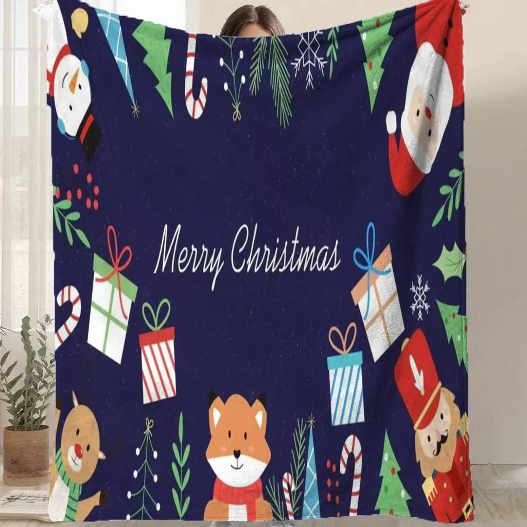 Cartoon Santa Claus Printed Blanket for Sofa Bed Travel Camping Living Room Office Conditioning Blanket for All Seasons Gifts