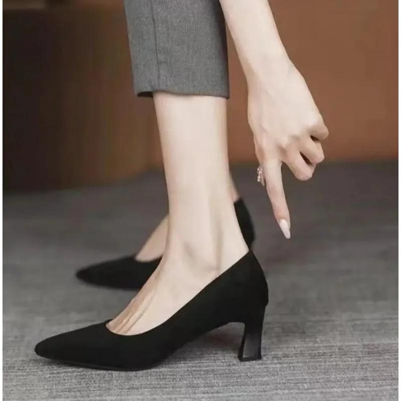 2025Elegant High  Classic Black Pumps Summer Pointed Toe Party Wedding Shoes Woman Square Heel Office