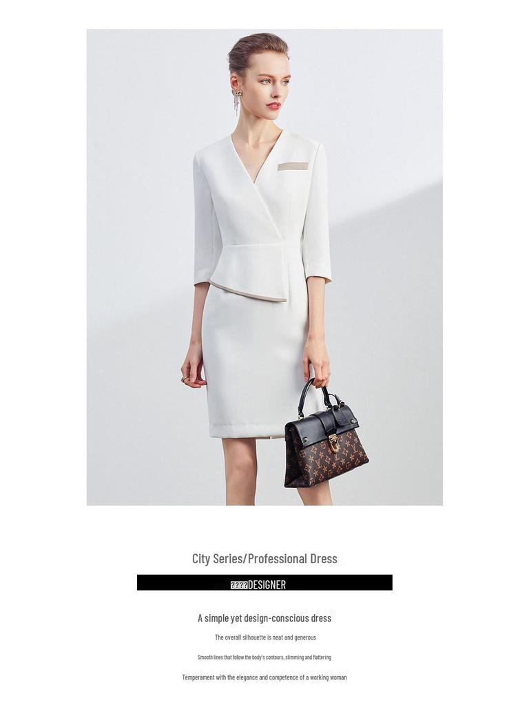 Formal Pleated V-Neck Slim Dress for Beauty Salon Receptionist