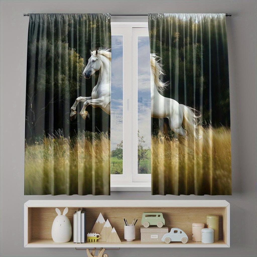 2-piece white horse print curtains   polyester fabric   machine washable   suitable for bedroom and living room decoration