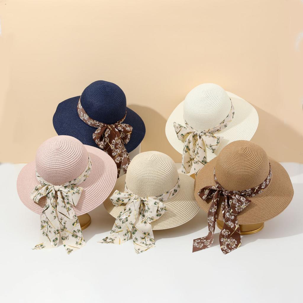 Bow straw hat fashion streamer casual woven straw hat travel sun protection seaside big eaves hat sun hat