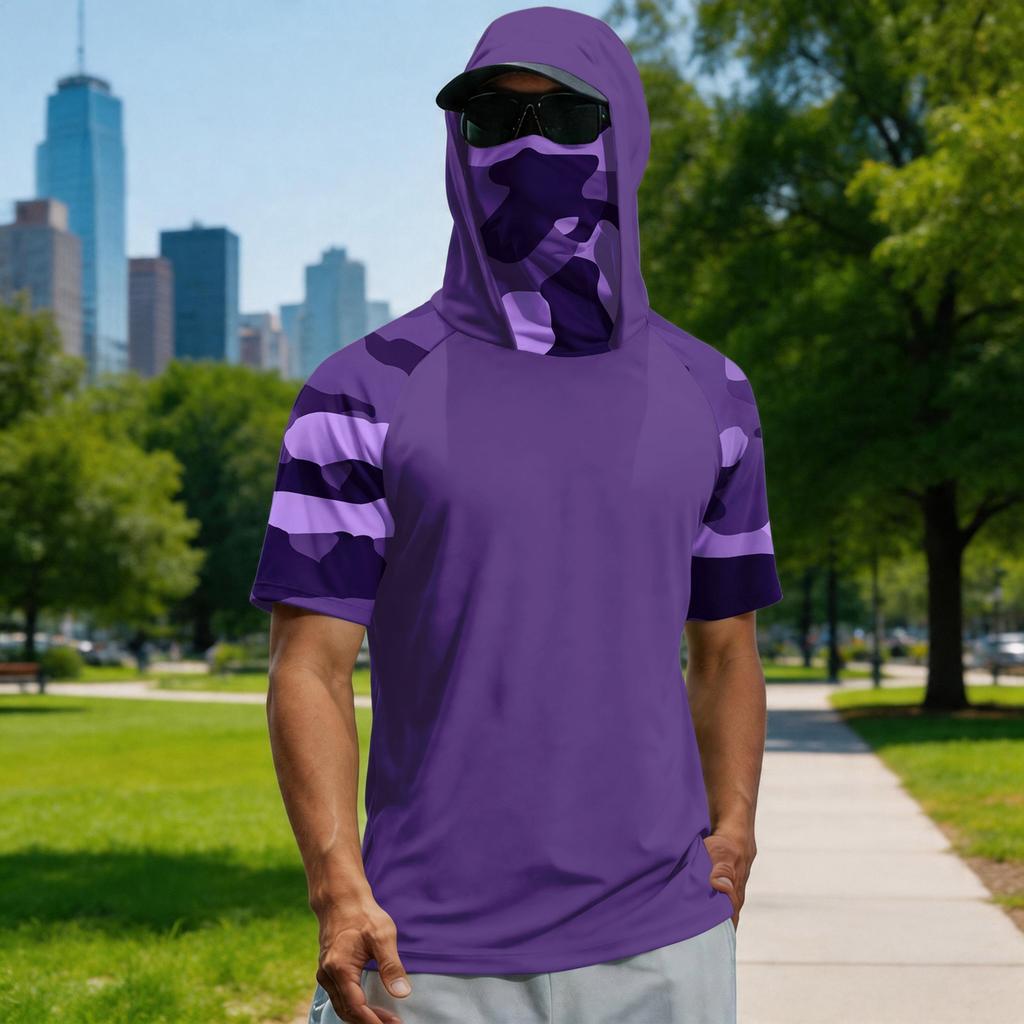T-shirt estiva da uomo a maniche corte con gradiente mimetico ad asciugatura rapida, abbigliamento da sole, pesca, fitness, sport, maglietta con cappuccio a maniche corte