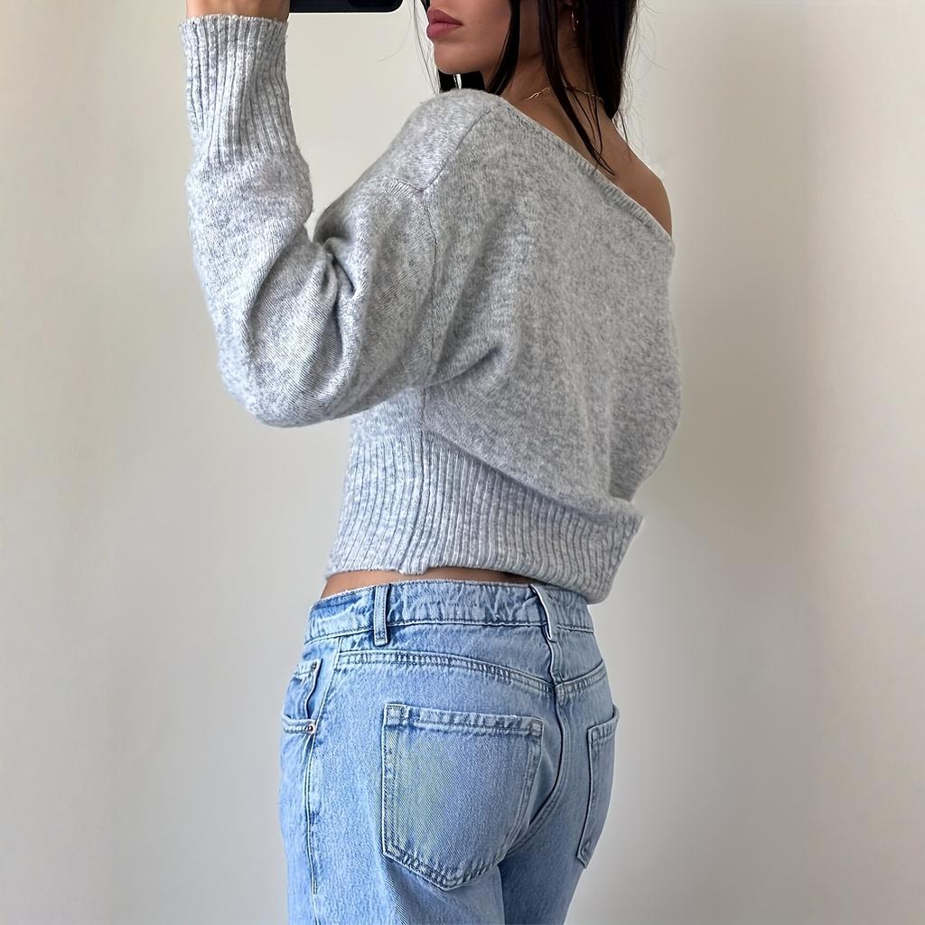 Women's Casual Fashion Off-Shoulder Solid Color Short High-Waisted Slimming Sweater