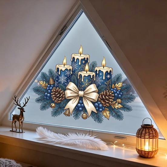 Winter Holiday Glass Stickers Christmas Candle Static Stickers, Removable Window Cling with Bow Pinecone And Pine Reusable Branch Pattern, Blue