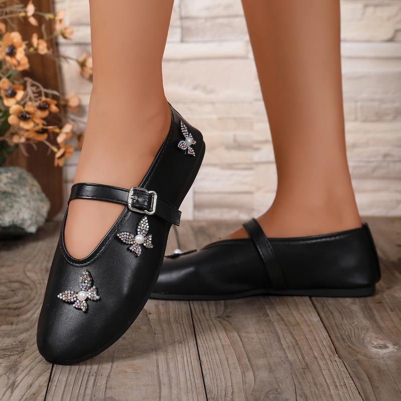 

Fashion Flat Shoes Autumn New Round Toe Shallow Mouth Rhinestone Butterfly One Word Buckle Soft Sole Non-slip Single Shoes 43 чёрный