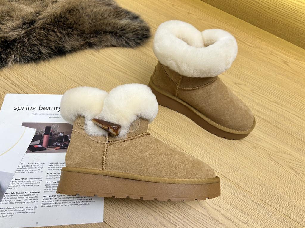 Fur Integrated Snow Boots Women's Short Boots Thick-soled Horn Buckle Women's Boots Autumn and Winter Velvet Warm Cotton Boots Genuine Leather Cotton