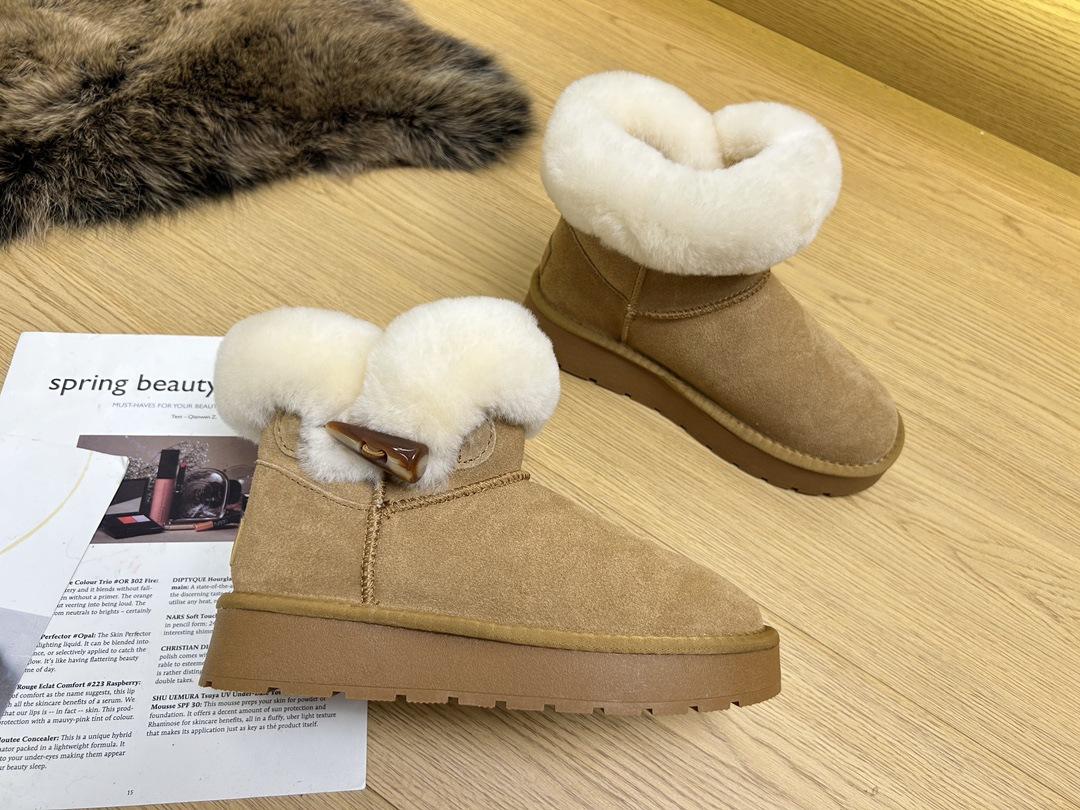 

Fur integrated snow boots women s short boots thick-soled horn buckle women s boots autumn and winter velvet warm cotton boots genuine leather cotton 35