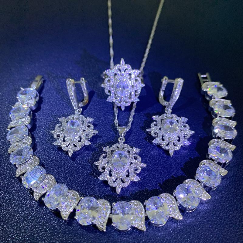 Multi Color Set with Zircon Earrings Bracelets Rings Necklaces Stylish Wedding