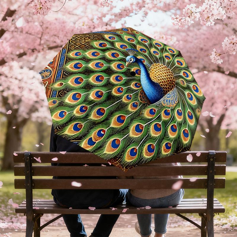 1PC Peacock FeatherAutomatic Open/Close Umbrella with Windproof, 8-Rib Sturdy Canopy, Durable Ribs, Fashionable Design, Outdoor Accessory, Fun Prin, H