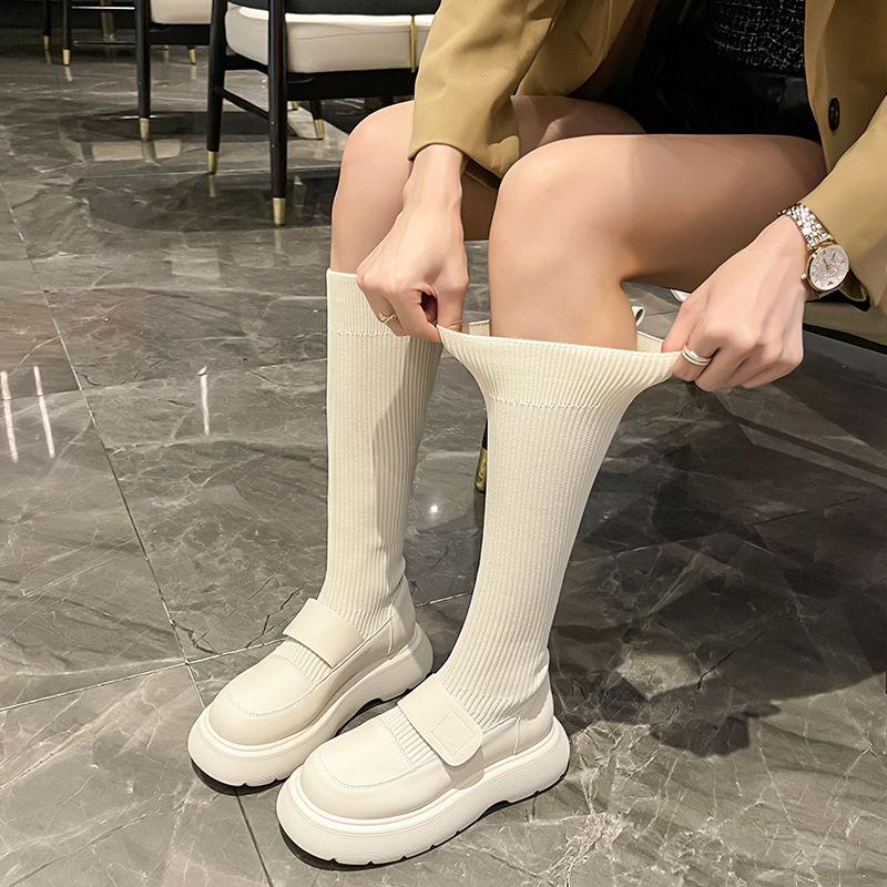 Fashion Platform Winter Knee High Shaft Long Elastic White Footwear Women's Boots Black Shoes for Woman Sock 2024 Novelty Spring Pu New