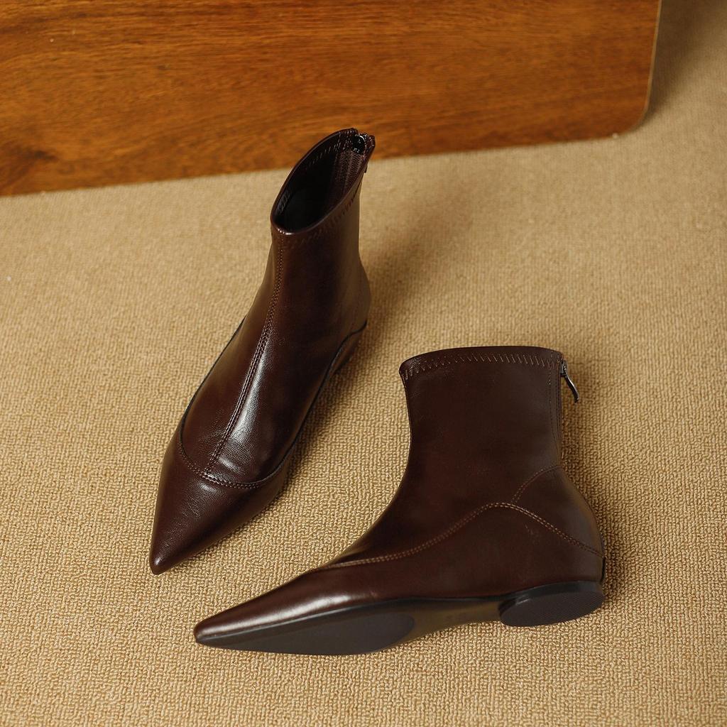 French Stretch Slimming Boots: Autumn/Winter Fleece-lined, Retro Style, Soft Leather, Inner Height Increase, Back Zipper Short Boots