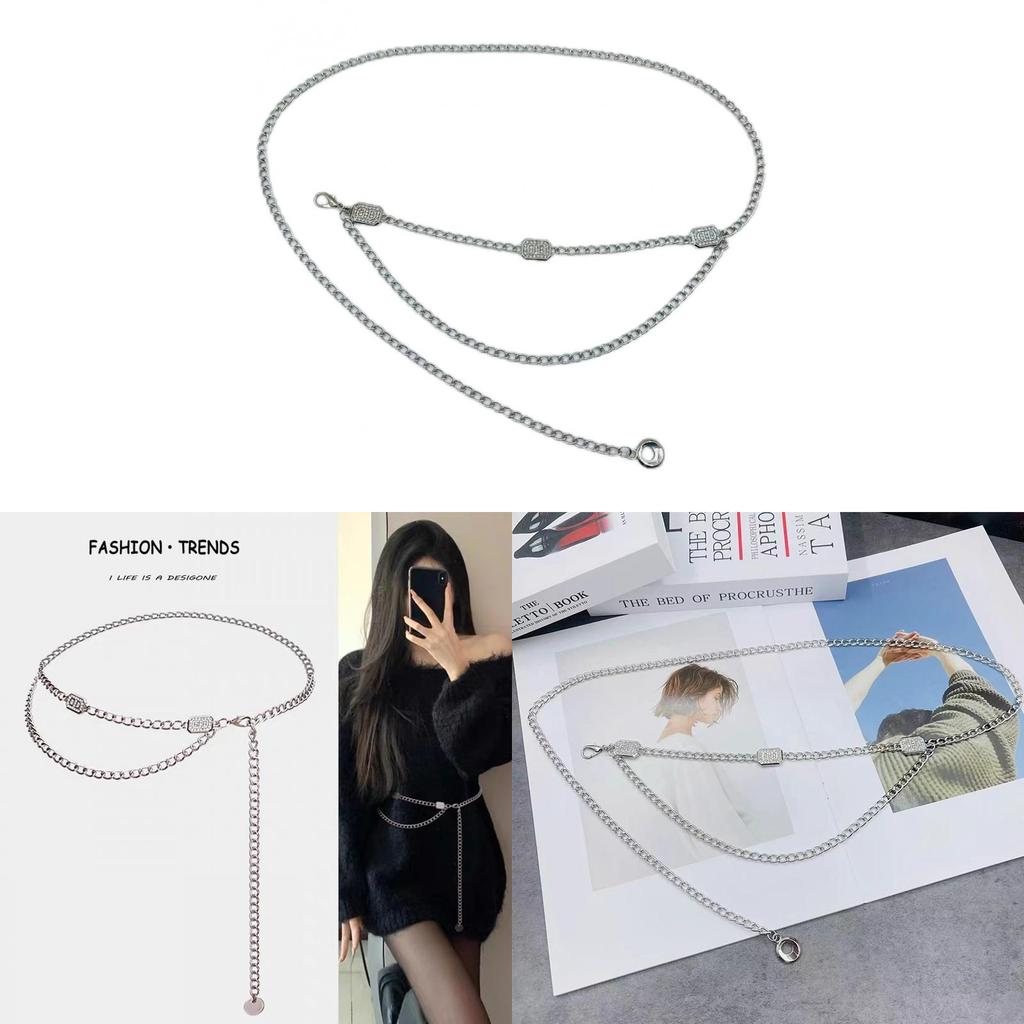 Small Fragrance Style Waist Chain Metal Silver Belt With Water Diamond Embellishments For Women