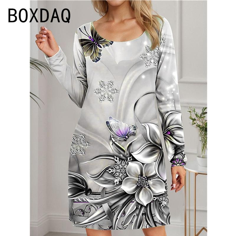 Women Long Sleeve O-Neck Mini Dress Vintage Elegant A-Line Dress 3D Ice Flower Pattern Casual Dress Vestidos De Mujer
