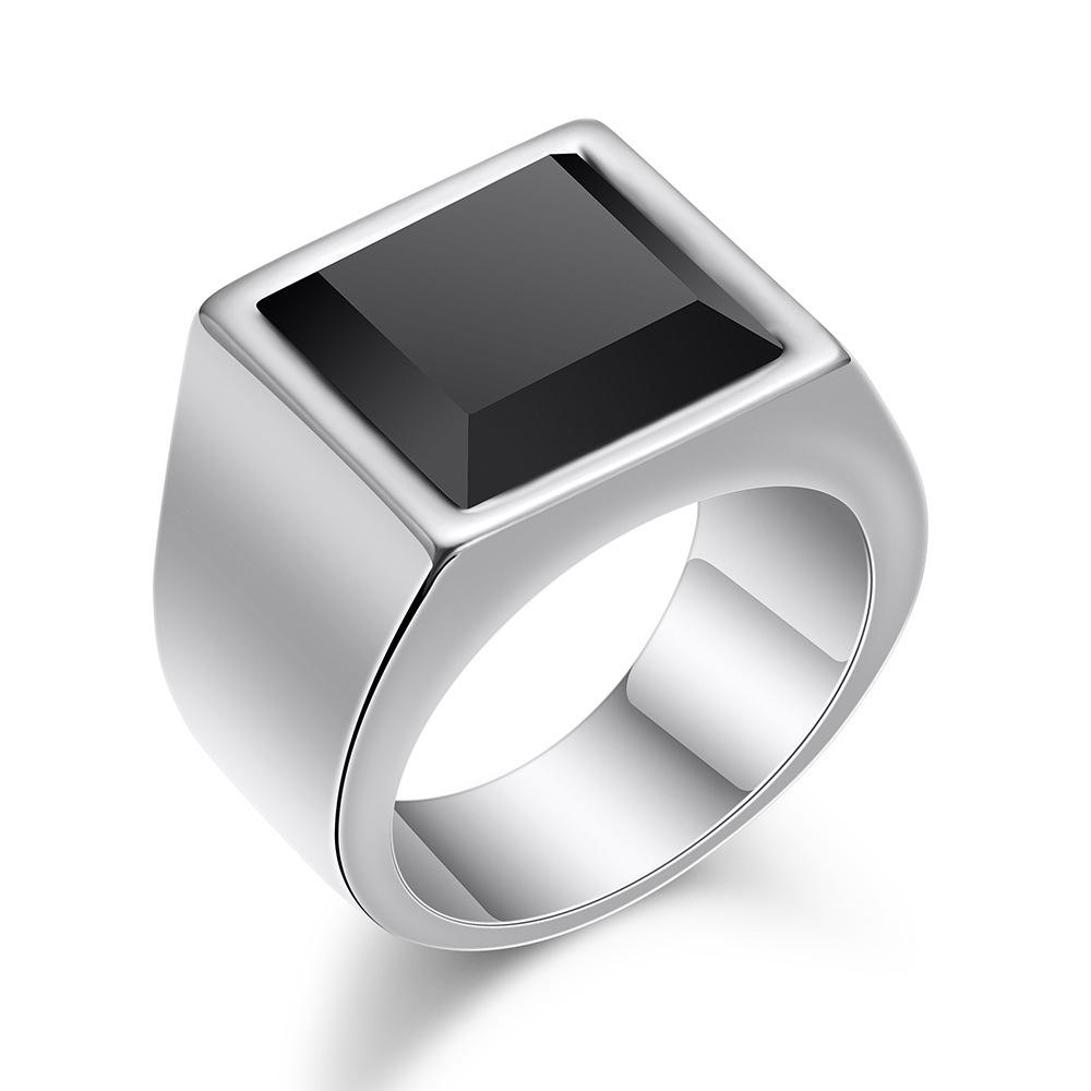 Personalized Geometric Square 15MM Stainless Steel Inlaid Black Glass 18K Gold Ring Size 8