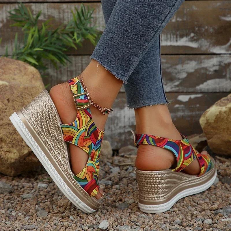 Rainbow Graffiti Wedge Heels Sandals for Women Summer 2025 Peep Toe Platform Sandals Woman Buckle Strap Thick Bottom Beach Shoes